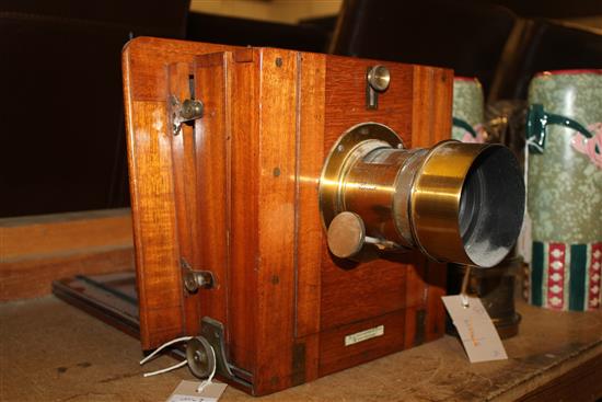Lancaster mahogany half-plate camera, with W. Whiteley brass portrait lens & a Lancaster Rectigraph lens(-)